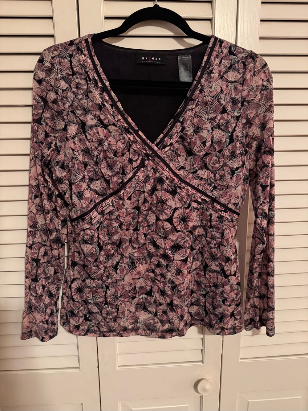 Axcess Pink Floral Faux-Wrap Long Sleeve Top with Black Accents